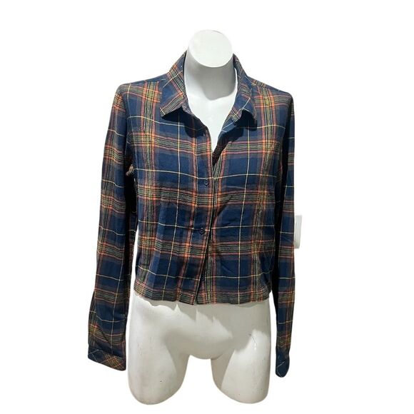 Vans Women's Blue Plaid Cropped Flannel Button-Up Shirt Size M - Picture 1 of 10